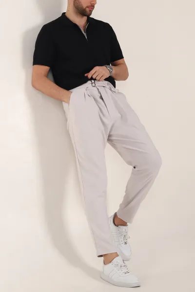Gri Slim Fit Yüksel Bel Çift Kemer Detaylı Erkek Kumaş Pantolon 340851