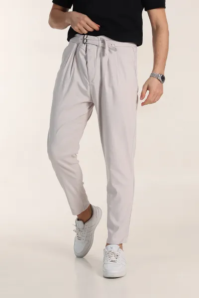 Gri Slim Fit Yüksel Bel Çift Kemer Detaylı Erkek Kumaş Pantolon 340851