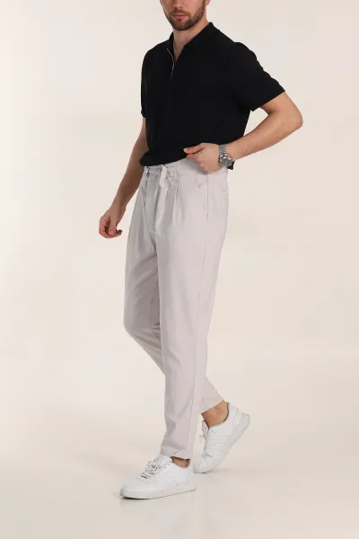 Gri Slim Fit Yüksel Bel Çift Kemer Detaylı Erkek Kumaş Pantolon 340851