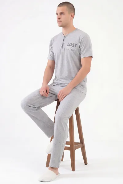 Gri Süprem Kumaş Düğmeli Erkek Pijama Takımı 469747