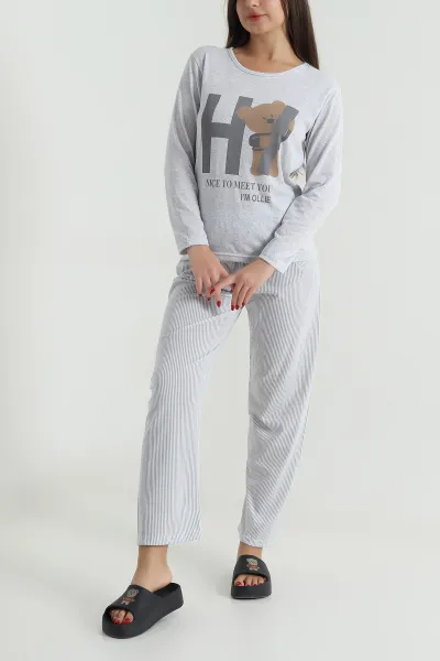 Gri Süprem Uzun Kol Kadın Pijama Takımı 493638