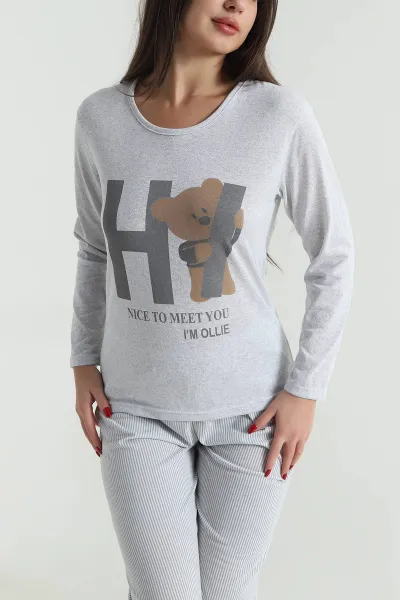 Gri Süprem Uzun Kol Kadın Pijama Takımı 493638