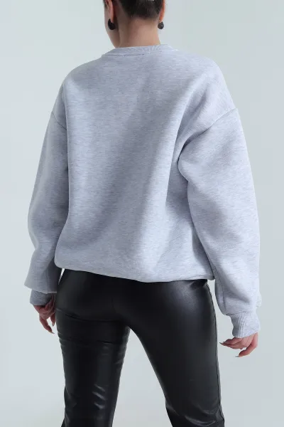 Gri Süzene Nakışlı Şardonlu Kadın Fermuarsız Sweat 492726