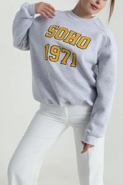 Gri Süzene Nakışlı Şardonlu Üç İp Kadın Sweat 486709