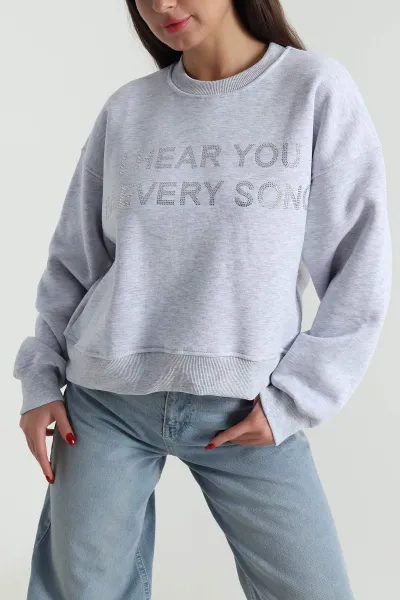 Gri Taşlı Şardonlu Üç İp Kadın Sweat 491367