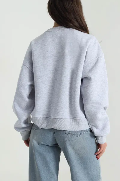 Gri Taşlı Şardonlu Üç İp Kadın Sweat 491367