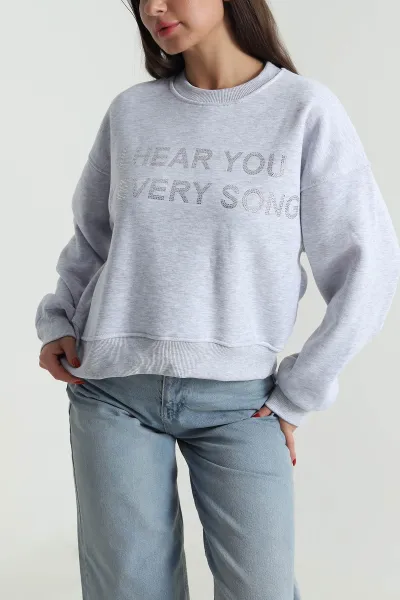 Gri Taşlı Şardonlu Üç İp Kadın Sweat 491367