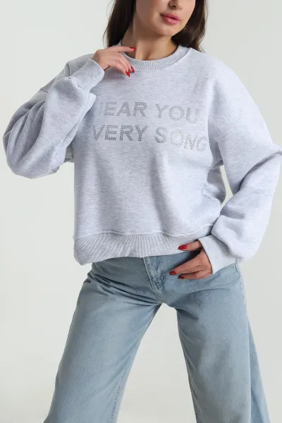 Gri Taşlı Şardonlu Üç İp Kadın Sweat 491367