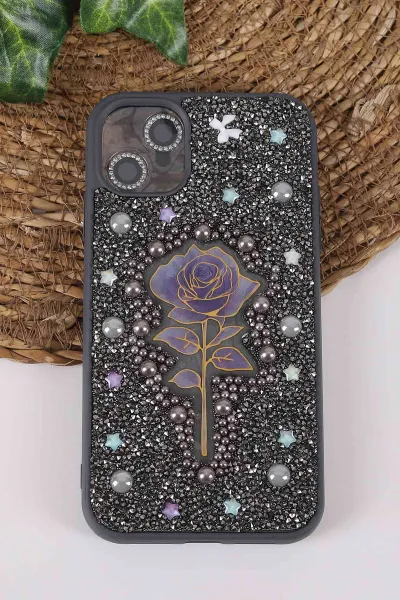 Gri TeknoCase İPhone 11 Uyumlu Afra Diamond Case Serisi Lens Hediyeli Premium Sert Silikon Telefon Kılıfı 430494