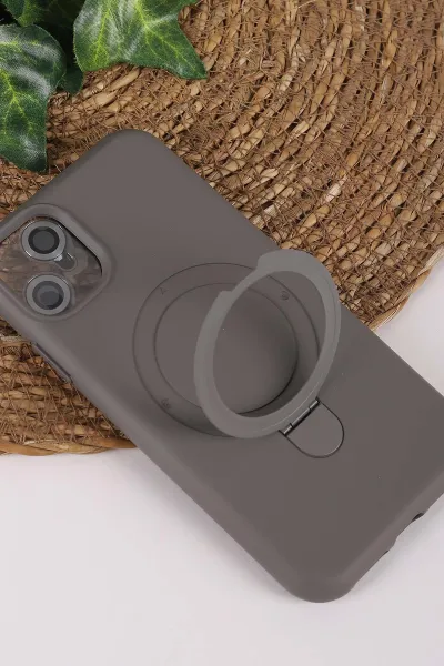 Gri TeknoCase İPhone 11 Uyumlu Ringy Case Serisi Standlı Lens Hediyeli Sert Silikon Telefon Kılıfı 450160