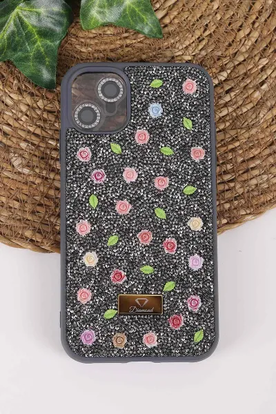 Gri TeknoCase İPhone 11 Uyumlu Rose Diamond Case Serisi Gül Desenli Lens Hediyeli Sert Silikon Telefon Kılıfı 450119