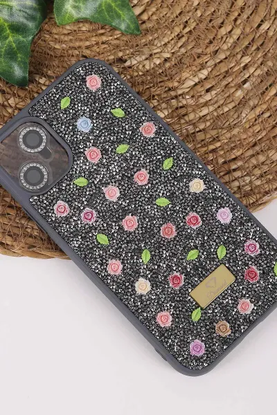 Gri TeknoCase İPhone 11 Uyumlu Rose Diamond Case Serisi Gül Desenli Lens Hediyeli Sert Silikon Telefon Kılıfı 450119
