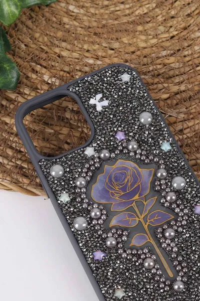 Gri TeknoCase İPhone 12 Uyumlu Afra Diamond Case Serisi Lens Hediyeli Premium Sert Silikon Telefon Kılıfı 430501