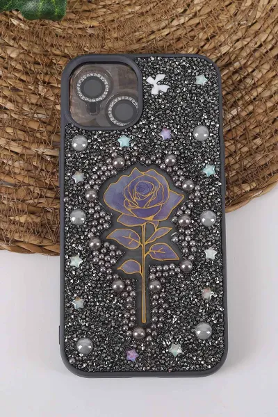 Gri TeknoCase İPhone 13 Uyumlu Afra Diamond Case Serisi Lens Hediyeli Premium Sert Silikon Telefon Kılıfı 430506