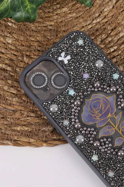 Gri TeknoCase İPhone 13 Uyumlu Afra Diamond Case Serisi Lens Hediyeli Premium Sert Silikon Telefon Kılıfı 430506