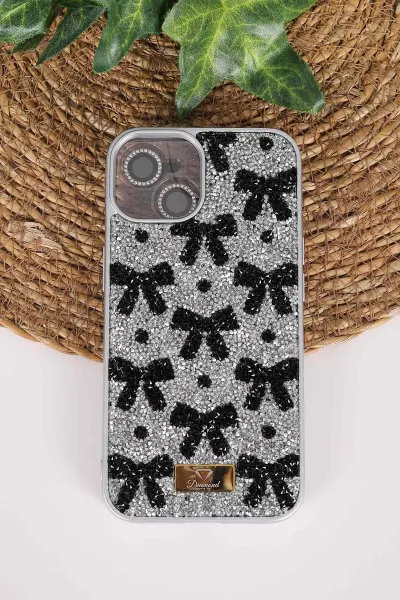 Gri TeknoCase İPhone 13 Uyumlu Perfect Diamond Case Serisi Taşlı Lens Hediyeli Sert Silikon Telefon Kılıfı 480777