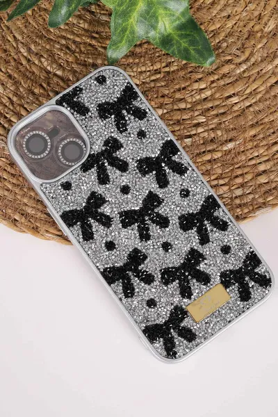 Gri TeknoCase İPhone 13 Uyumlu Perfect Diamond Case Serisi Taşlı Lens Hediyeli Sert Silikon Telefon Kılıfı 480777