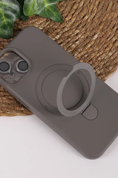 Gri TeknoCase İPhone 13 Uyumlu Ringy Case Serisi Standlı Lens Hediyeli Sert Silikon Telefon Kılıfı 450166