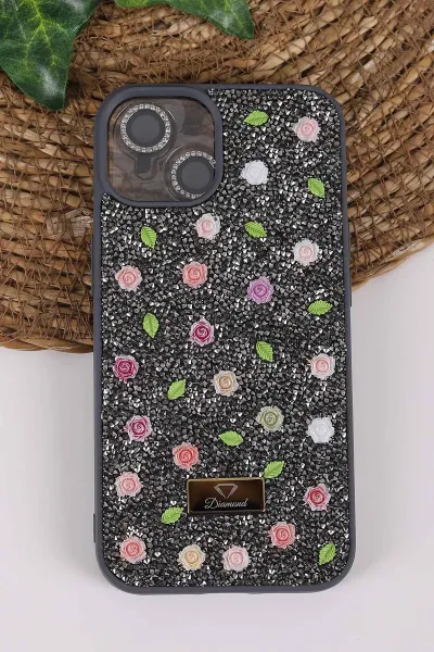 Gri TeknoCase İPhone 13 Uyumlu Rose Diamond Case Serisi Gül Desenli Lens Hediyeli Sert Silikon Telefon Kılıfı 450126