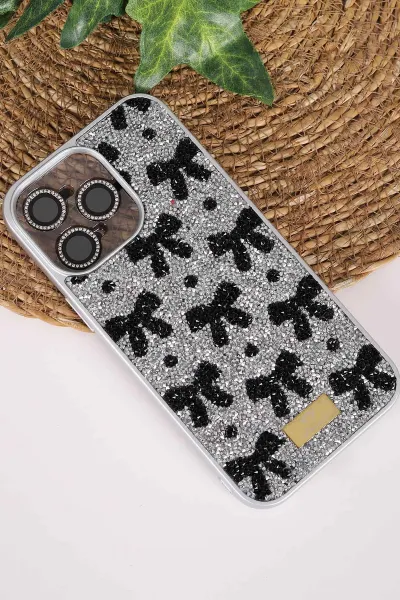 Gri TeknoCase İPhone 14 Pro Max Uyumlu Perfect Diamond Case Serisi Taşlı Lens Hediyeli Sert Silikon Telefon Kılıfı 480803