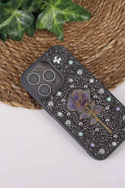 Gri TeknoCase İPhone 14 Pro Uyumlu Afra Diamond Case Serisi Lens Hediyeli Premium Sert Silikon Telefon Kılıfı 430516