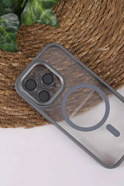 Gri TeknoCase İPhone 14 Pro Uyumlu Clear Lüx Case Serisi Lens Hediyeli Sert Silikon Telefon Kılıfı 430706