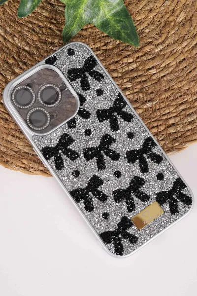 Gri TeknoCase İPhone 14 Pro Uyumlu Perfect Diamond Case Serisi Taşlı Lens Hediyeli Sert Silikon Telefon Kılıfı 480797