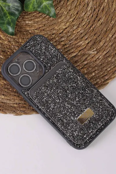 Gri TeknoCase İPhone 14 Pro Uyumlu Viola Diamond Case Serisi Kartlıklı Lens Hediyeli Sert Silikon Telefon Kılıfı 430803