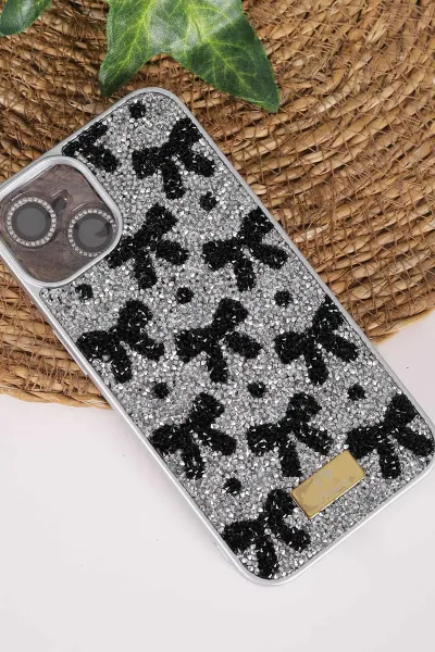Gri TeknoCase İPhone 14 Uyumlu Perfect Diamond Case Serisi Taşlı Lens Hediyeli Sert Silikon Telefon Kılıfı 480783