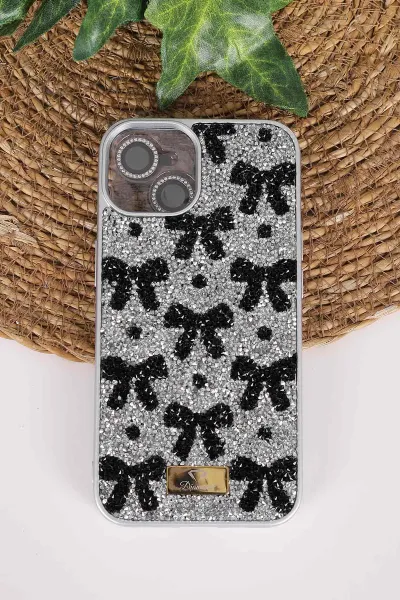 Gri TeknoCase İPhone 14 Uyumlu Perfect Diamond Case Serisi Taşlı Lens Hediyeli Sert Silikon Telefon Kılıfı 480783