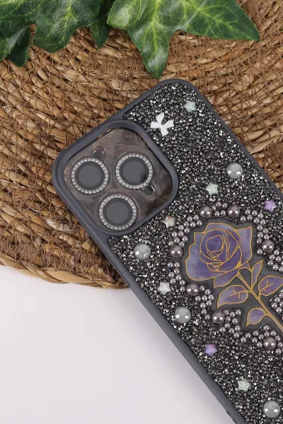 Gri TeknoCase İPhone 15 Pro Max Uyumlu Afra Diamond Case Serisi Lens Hediyeli Premium Sert Silikon Telefon Kılıfı 430538