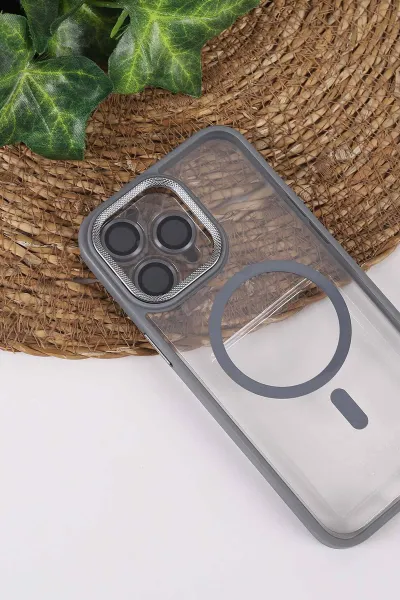 Gri TeknoCase İPhone 15 Pro Max Uyumlu Clear Lüx Case Serisi Lens Hediyeli Sert Silikon Telefon Kılıfı 430732
