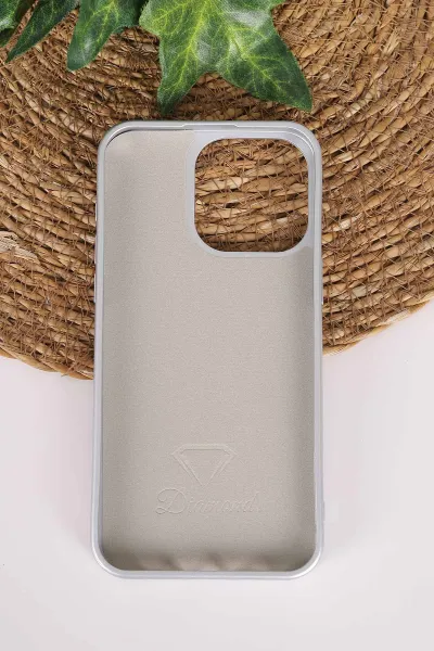 Gri TeknoCase İPhone 15 Pro Max Uyumlu Perfect Diamond Case Serisi Taşlı Lens Hediyeli Sert Silikon Telefon Kılıfı 480825