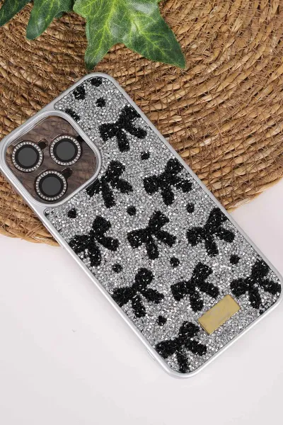 Gri TeknoCase İPhone 15 Pro Max Uyumlu Perfect Diamond Case Serisi Taşlı Lens Hediyeli Sert Silikon Telefon Kılıfı 480825