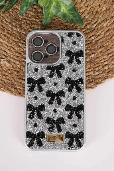 Gri TeknoCase İPhone 15 Pro Max Uyumlu Perfect Diamond Case Serisi Taşlı Lens Hediyeli Sert Silikon Telefon Kılıfı 480825
