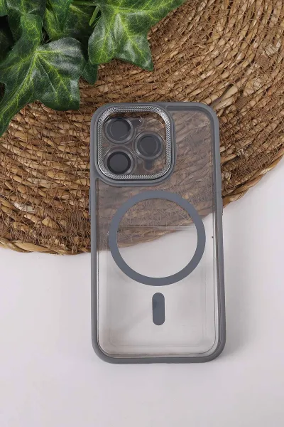 Gri TeknoCase İPhone 15 Pro Uyumlu Clear Lüx Case Serisi Lens Hediyeli Sert Silikon Telefon Kılıfı 430727