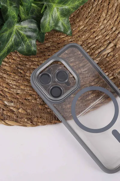 Gri TeknoCase İPhone 15 Pro Uyumlu Clear Lüx Case Serisi Lens Hediyeli Sert Silikon Telefon Kılıfı 430727