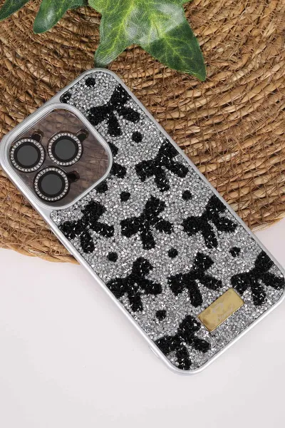 Gri TeknoCase İPhone 15 Pro Uyumlu Perfect Diamond Case Serisi Taşlı Lens Hediyeli Sert Silikon Telefon Kılıfı 480819