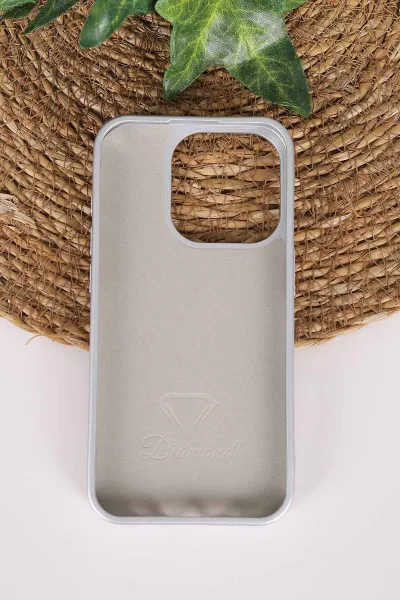 Gri TeknoCase İPhone 15 Pro Uyumlu Perfect Diamond Case Serisi Taşlı Lens Hediyeli Sert Silikon Telefon Kılıfı 480819