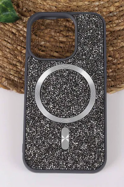 Gri TeknoCase İPhone 15 Pro Uyumlu Viola Diamond Case Serisi Kartlıklı Lens Hediyeli Sert Silikon Telefon Kılıfı 430824