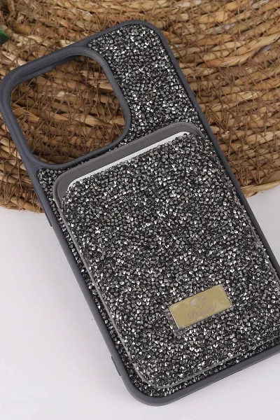 Gri TeknoCase İPhone 15 Pro Uyumlu Viola Diamond Case Serisi Kartlıklı Lens Hediyeli Sert Silikon Telefon Kılıfı 430824