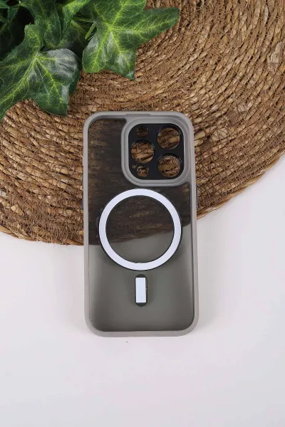 Gri TeknoCase İPhone 15 Pro Uyumlu Wesley Case Serisi Magsafe Özellikli Transparan Sert Silikon Telefon Kılıfı 430605