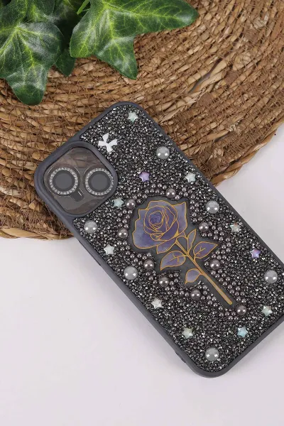 Gri TeknoCase İPhone 15 Uyumlu Afra Diamond Case Serisi Lens Hediyeli Premium Sert Silikon Telefon Kılıfı 430527