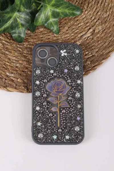 Gri TeknoCase İPhone 15 Uyumlu Afra Diamond Case Serisi Lens Hediyeli Premium Sert Silikon Telefon Kılıfı 430527