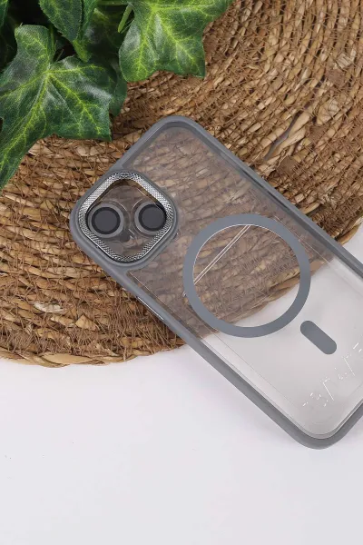 Gri TeknoCase İPhone 15 Uyumlu Clear Lüx Case Serisi Lens Hediyeli Sert Silikon Telefon Kılıfı 430721