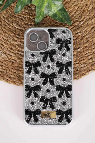 Gri TeknoCase İPhone 15 Uyumlu Perfect Diamond Case Serisi Taşlı Lens Hediyeli Sert Silikon Telefon Kılıfı 480813