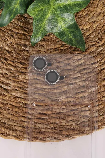 Gri TeknoCase İPhone 15 Uyumlu Perfect Diamond Case Serisi Taşlı Lens Hediyeli Sert Silikon Telefon Kılıfı 480813