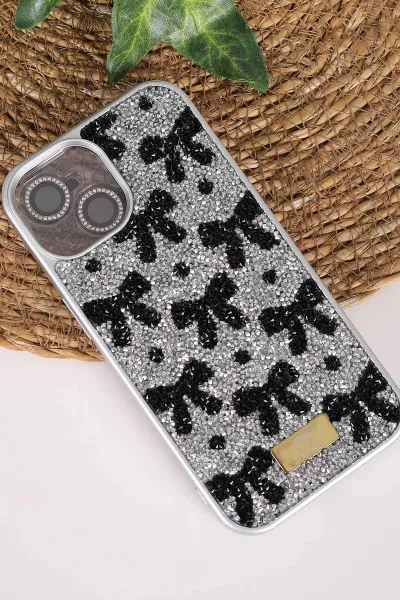 Gri TeknoCase İPhone 15 Uyumlu Perfect Diamond Case Serisi Taşlı Lens Hediyeli Sert Silikon Telefon Kılıfı 480813