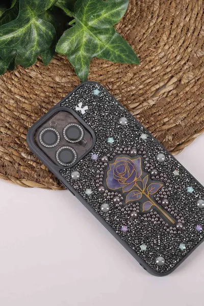 Gri TeknoCase İPhone 16 Pro Max Uyumlu Afra Diamond Case Serisi Lens Hediyeli Premium Sert Silikon Telefon Kılıfı 430553
