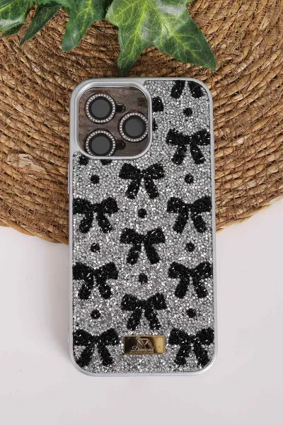 Gri TeknoCase İPhone 16 Pro Max Uyumlu Perfect Diamond Case Serisi Taşlı Lens Hediyeli Sert Silikon Telefon Kılıfı 480850